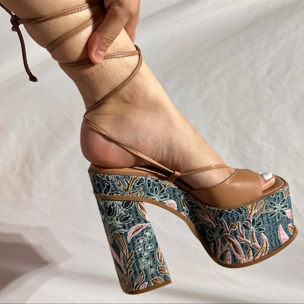 Steve Madden Anika Tan Leather Chunky Embroidered Platform Lace Up Heels Summer - Picture 5 of 12